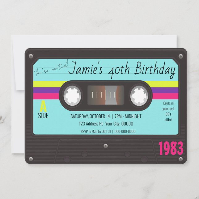 Invitation Anniversaire des années 80, bande de cassette rétr (Devant)