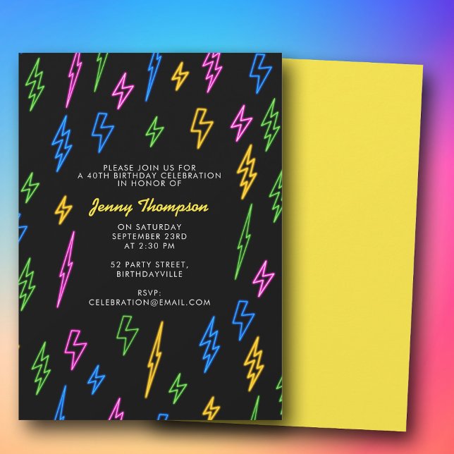 Invitation Anniversaire des années 80 Retro Neon Lightning (Colorful 80's Retro Neon Lightning Birthday Invitation)