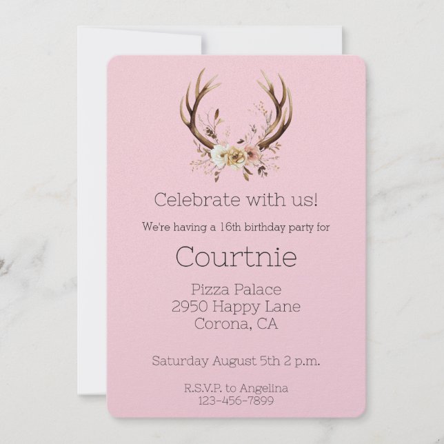 Invitation Anniversaire des Cerfs Floraux Roses Antlers Occid (Devant)