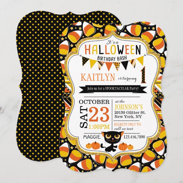 Invitation Anniversaire des Citrouilles de Candy Corn Black C (Devant / Derrière)