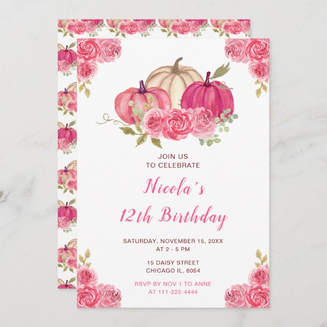 Invitation Anniversaire des Citrouilles de fleurs roses chaud (Devant / Derrière)