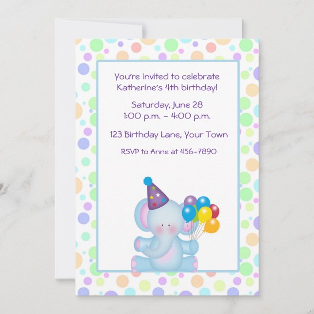 Invitation Anniversaire des éléphants et des ballons (Devant)