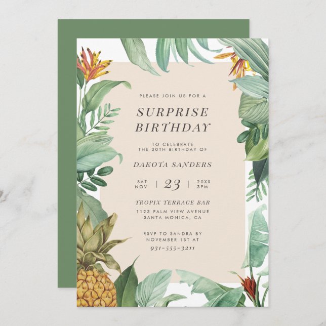 Invitation Anniversaire des Feuilles de l'ananas et du Tropic (Devant / Derrière)