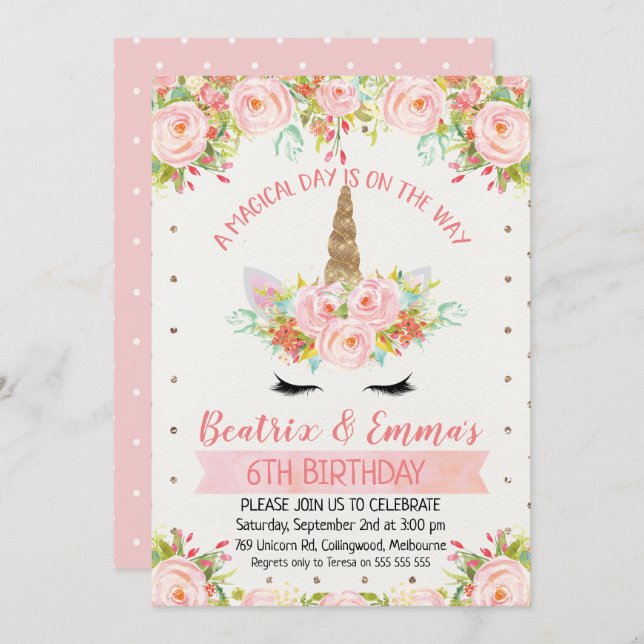 Invitation Anniversaire Des Filles Twins Ou Unicor (Devant / Derrière)