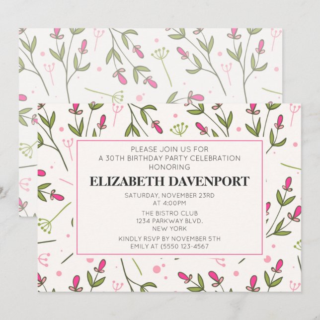 Invitation Anniversaire des Fleurs sauvages roses et verts (Devant / Derrière)