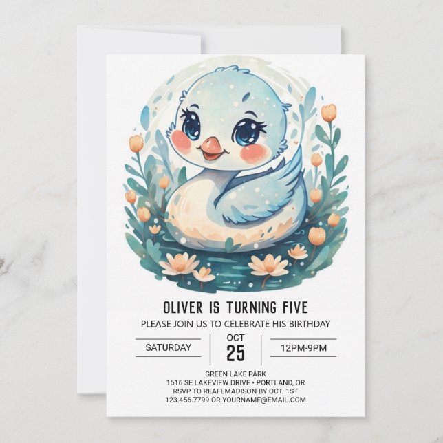 Invitation Anniversaire des oiseaux de cygne Fleur sauvage (Devant)