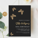 Invitation Anniversaire des papillons en or noir<br><div class="desc">Un arrière - plan noir classique. Décoré de papillons dorés. Personnalisez et ajoutez votre nom et les détails de votre fête.</div>