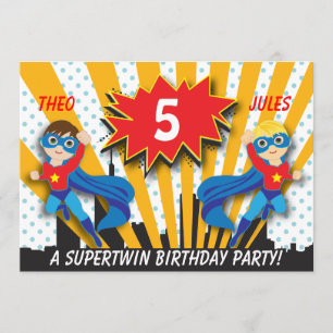 Invitation Anniversaire des Twins Superhero Garçons Brown/Ch