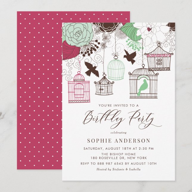 Invitation Anniversaire des Whimsical Rouge et Vert (Devant / Derrière)