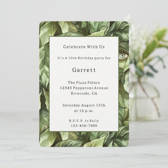 Invitation Anniversaire des Yeux de Gobelin aux Feuilles Vert (Debout devant)