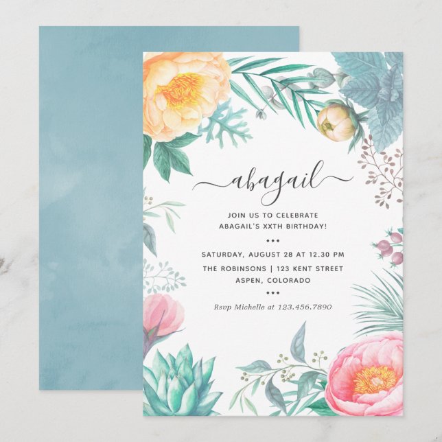 Invitation Anniversaire d'été Fleur tropicale pastel démodé (Devant / Derrière)