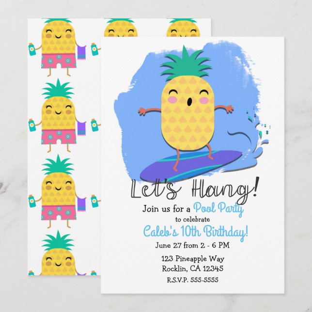 Invitation Anniversaire d'été Surfant Ananas Piscine Fête de  (Devant / Derrière)