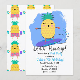 Invitation Anniversaire d'été Surfant Ananas Piscine Fête de