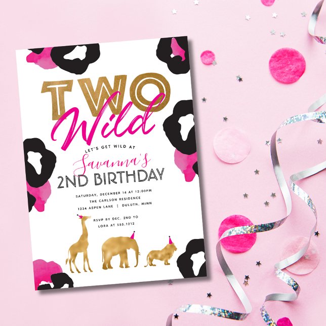 Invitation anniversaire deux ans Safari Or Faux Ro (Pink Faux Gold Safari Two Wild Birthday Invitation)