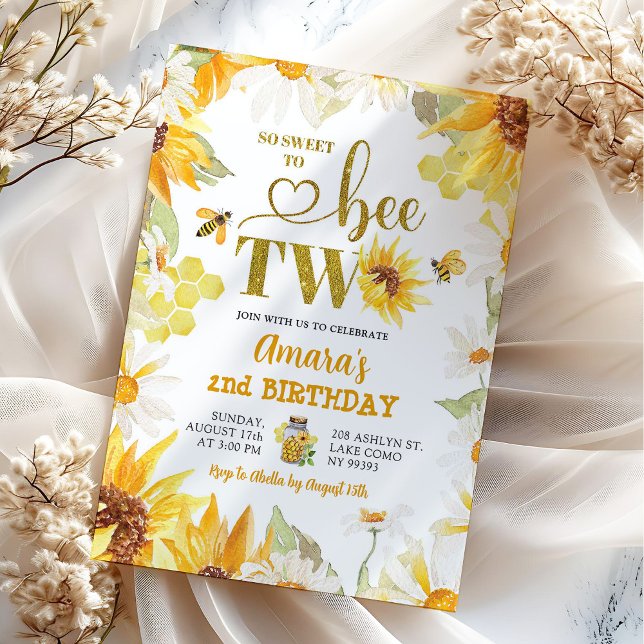 Invitation Anniversaire deux ans tournesol abeille Daisy d'ét (Créateur téléchargé)