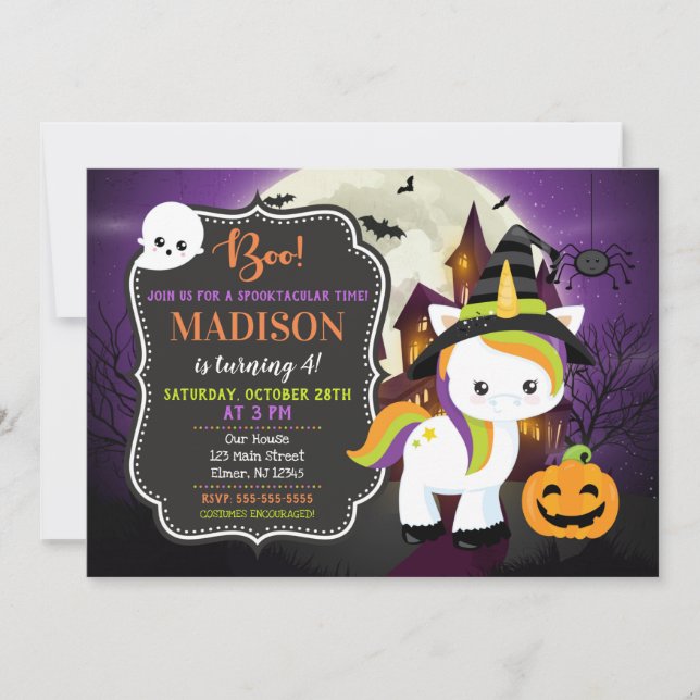 Invitation Anniversaire d'Halloween à Unicorne (Devant)