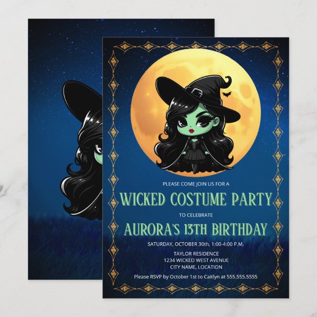 Invitation Anniversaire d'Halloween de Sorcière Verte Amusant (Devant / Derrière)