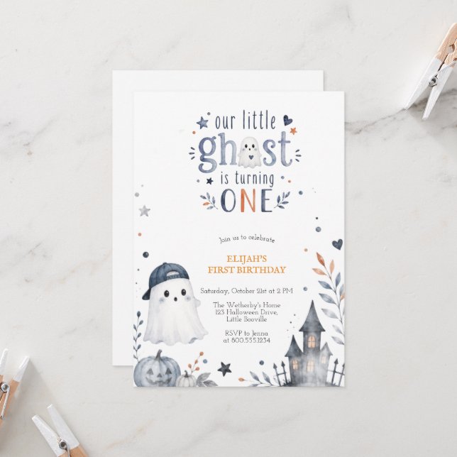 Invitation Anniversaire d'Halloween Fantôme Mignon Aquarelle  (Devant/Arrière en situation)