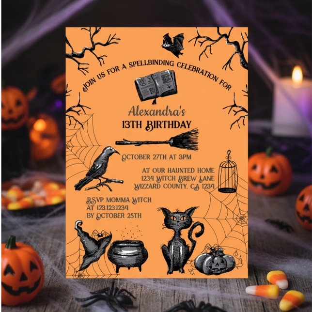 Invitation Anniversaire d'Halloween pour enfants effrayants (Spooky Orange and Black Kids Halloween Birthday Invitation. Scary Black Cat, Pumpkin, Bats, Raven)