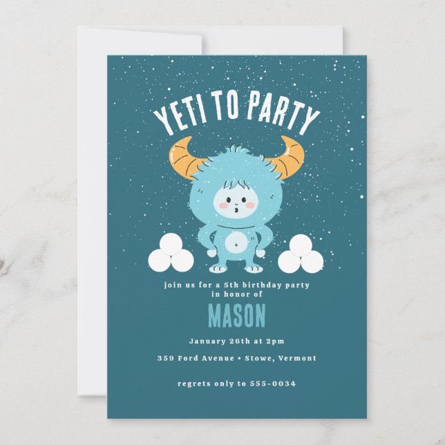 Invitation Anniversaire d'hiver Blue Boy Neige "Yeti to Party (Devant)