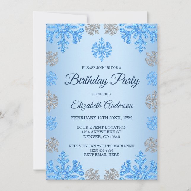 Invitation Anniversaire d'hiver Ice Bleu Silver Flocon de nei (Devant)