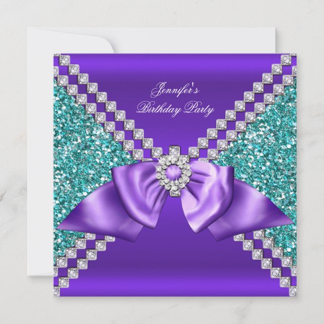 Invitation Anniversaire Diamant Bleu Turquoise Violet Paillet (Devant)
