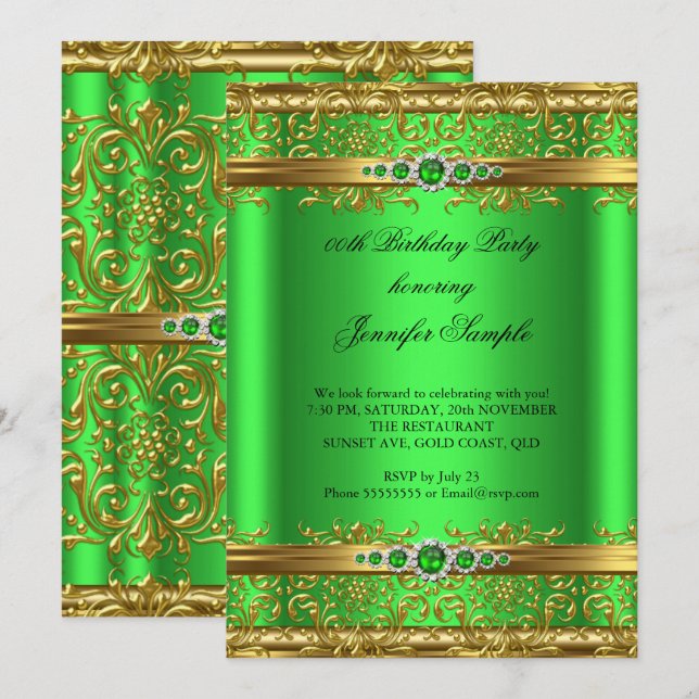 Invitation Anniversaire Diamant Damassé Or Vert Citron Élégan (Devant / Derrière)