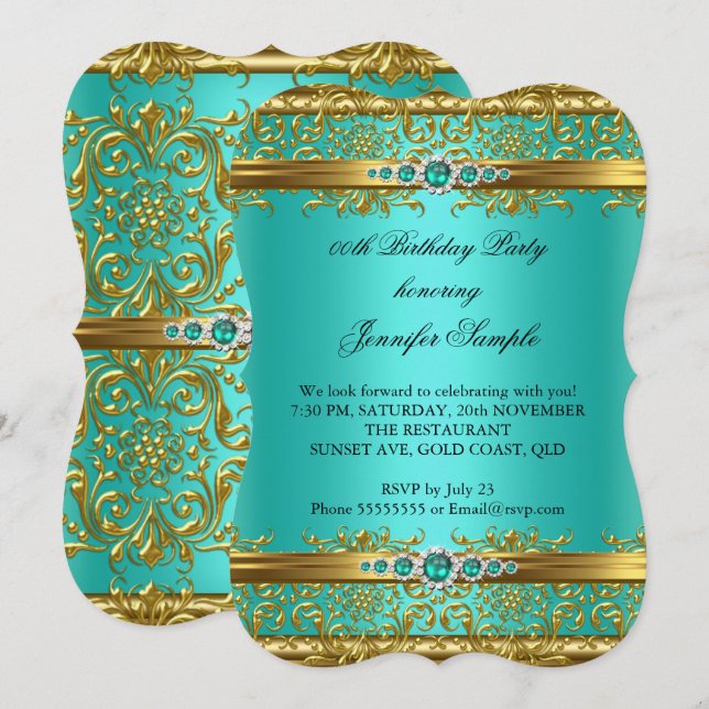 Invitation Anniversaire Diamant Damassé Or Vert Jade Élégant (Devant / Derrière)
