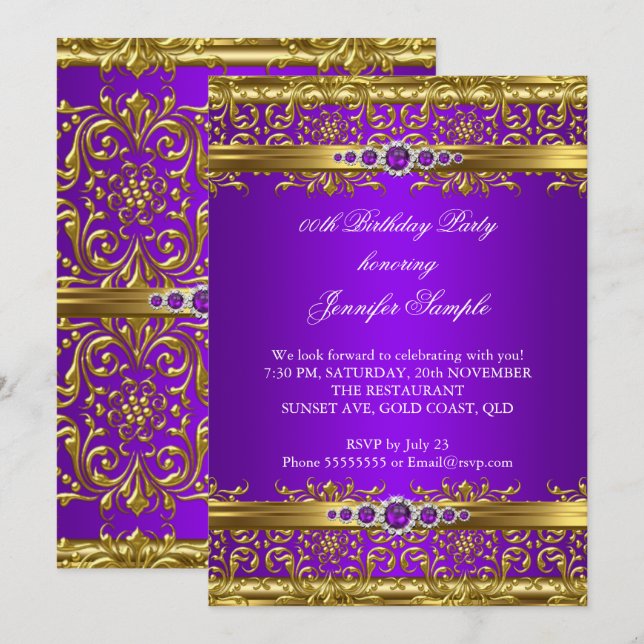 Invitation Anniversaire Diamant Damassé Or Violet Élégant (Devant / Derrière)