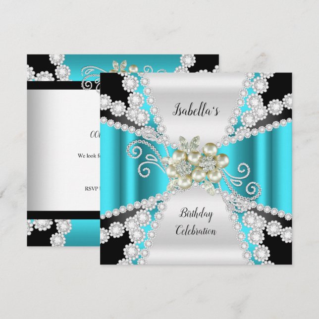 Invitation Anniversaire Diamant Noir Blanc Perle Turquoise Él (Devant / Derrière)