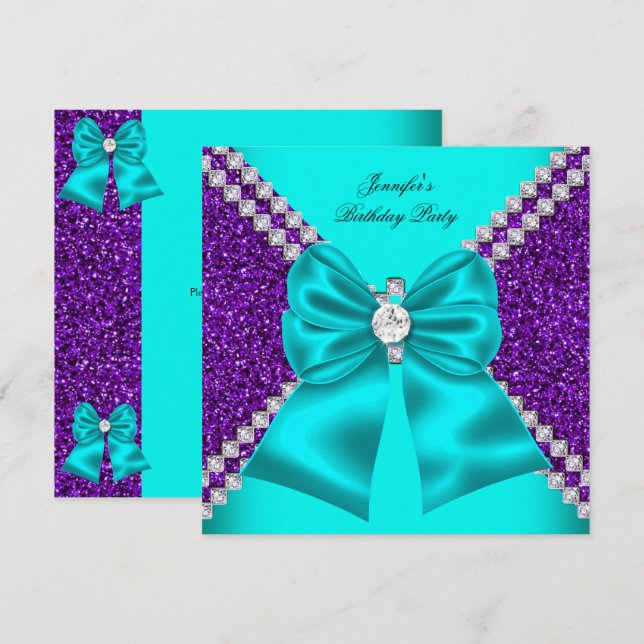 Invitation Anniversaire Diamants Paillettes Turquoise Violet  (Devant / Derrière)