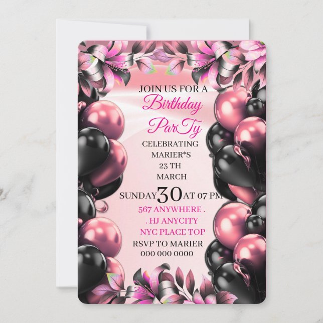 Invitation Anniversaire Digital Let's Party Ballons Rose Pail (Devant)