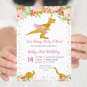 Invitation Anniversaire Dino Trex Rose Floral