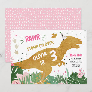 Invitation Anniversaire Dinosaur en or rose de Dino