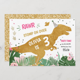 Invitation Anniversaire Dinosaur en or rose de Dino