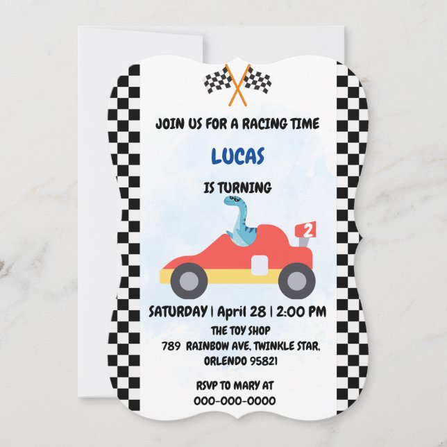 Invitation Anniversaire Dinosaur voiture de course garçon cou (Devant)