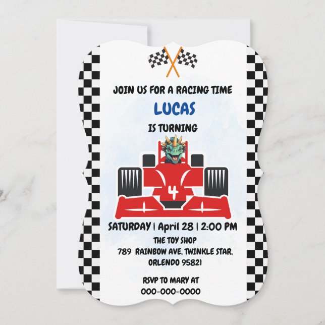 Invitation Anniversaire Dinosaur voiture de course garçon cou (Devant)