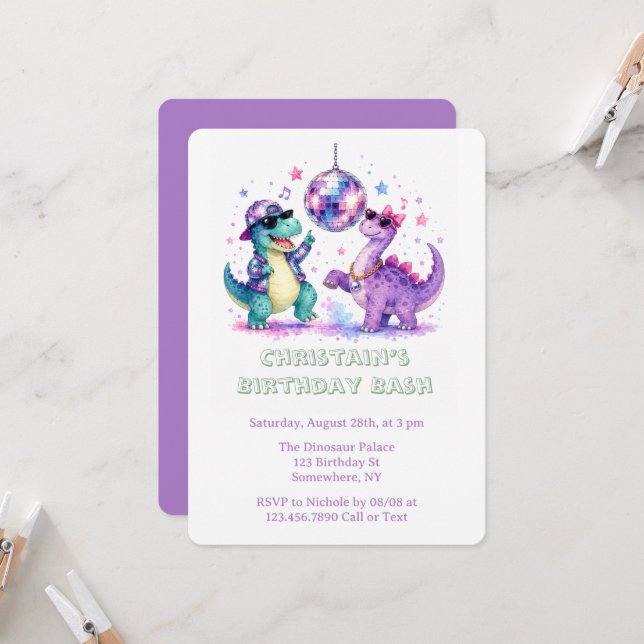 Invitation Anniversaire Dinosaure Disco Aquarelle  (Devant/Arrière en situation)