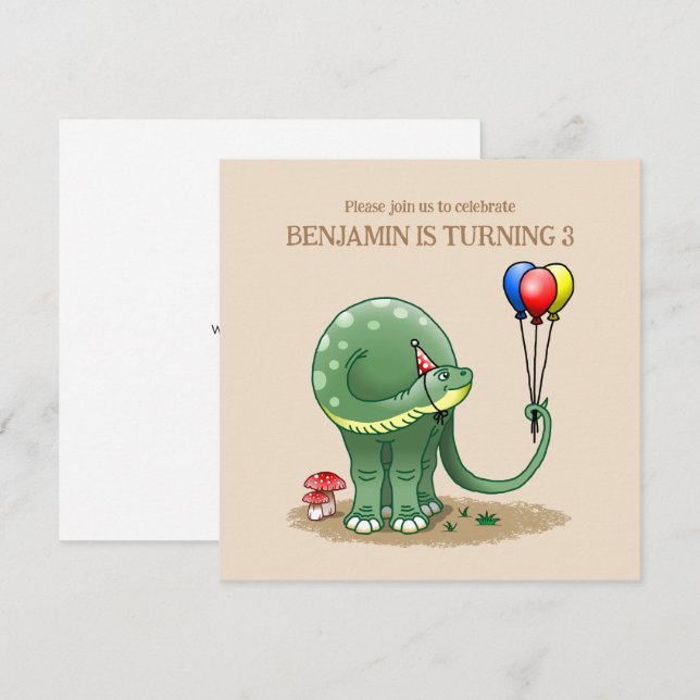 Invitation Anniversaire dinosaure tenant des ballons (Devant / Derrière)