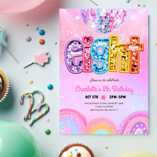 Invitation Anniversaire disco sequins arc-en-ciel 8 ans