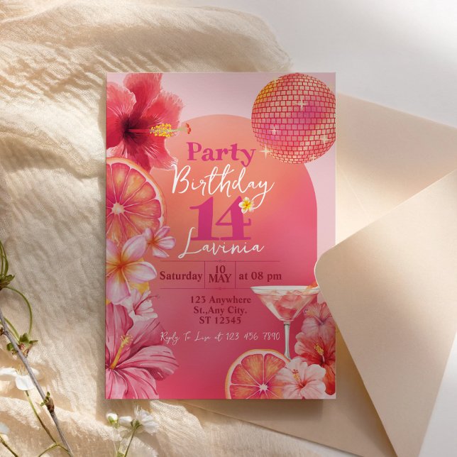 Invitation Anniversaire disco tropical Citrus Rose vif Étince (Hot Pink Citrus Tropical Disco Sparkle Birthday Invitation)
