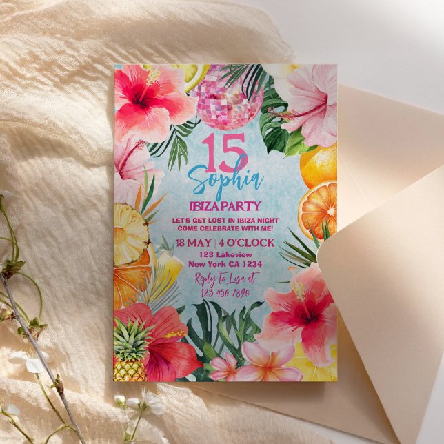 Invitation anniversaire disco Tropical Ibiza Bleu (Tropical Ibiza Disco Blue Birthday Invitation)