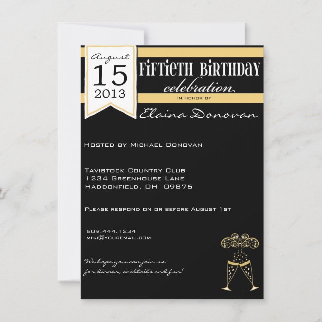 Invitation Anniversaire d'or, blanc et noir de Champagne (Devant)