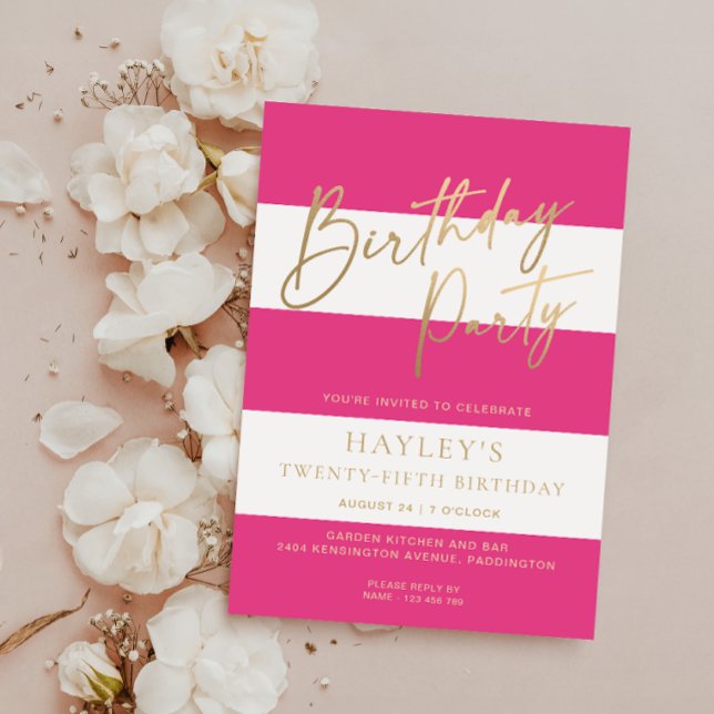 Invitation Anniversaire d'or rose chaud (Hot Pink Stripe Birthday Invitation )