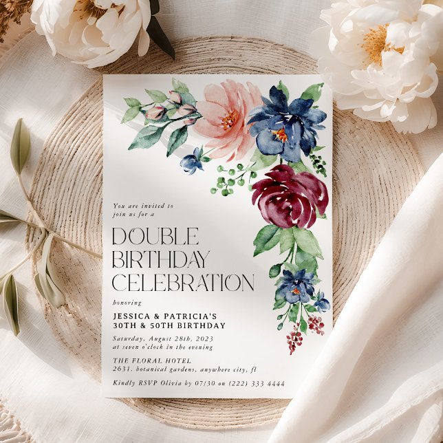 Invitation Anniversaire Double Fleur Aquarelle Élé (Créateur téléchargé)