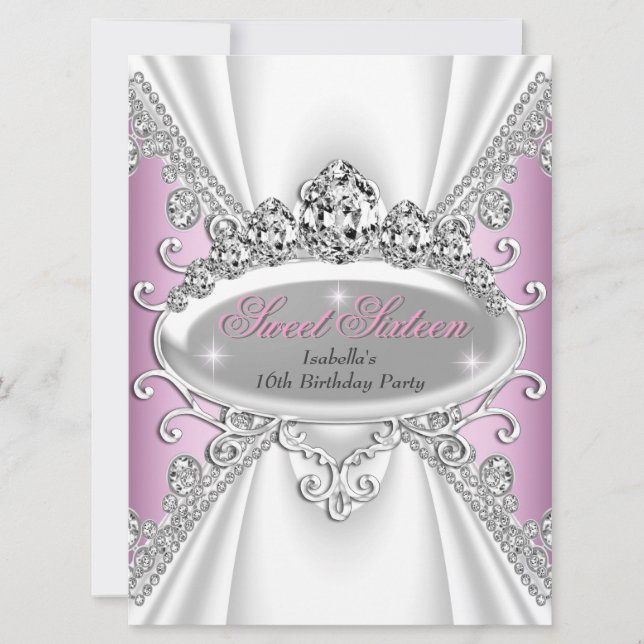 Invitation Anniversaire Douce 16 Princesse Rose Diamants Gran (Devant)