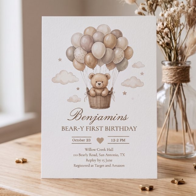 Invitation Anniversaire Douce Ours Neutre Montgolfière (Créateur téléchargé)