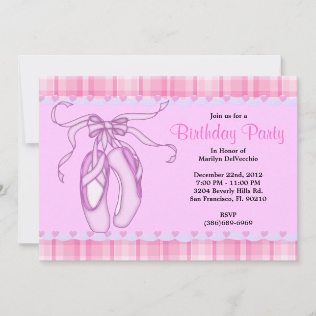 Invitation Anniversaire doux MIGNON de ballerine de rose de (Devant)