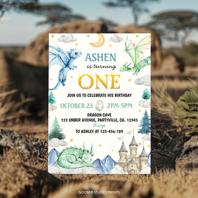 Invitation Anniversaire Dragon Aquarelle Mignon 1  (Créateur téléchargé)