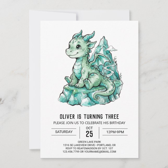 Invitation Anniversaire Dragon Vert Menthe (Devant)